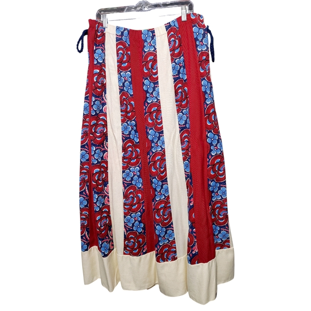 Vintage Chessa Davis 1970s Peddler Style Red Blue Floral Maxi Skirt Size 12